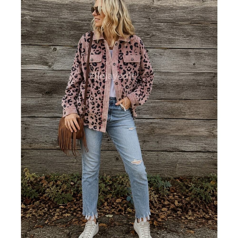 BIBI Washed Lavender Leopard Corduroy Shacket NWOT Boutique Jacket